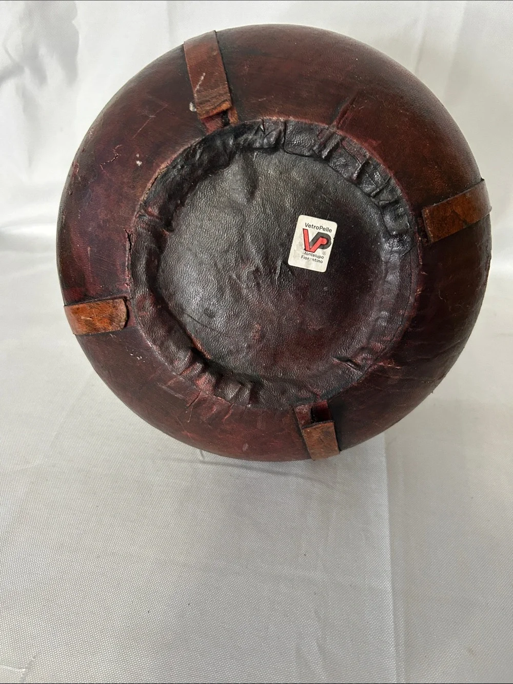 vintage Italian wine decanter covered in hand-tooled brown leather - no stopper